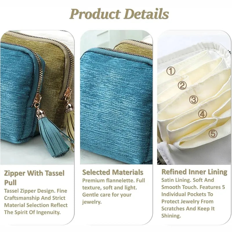 A teal velvet jewelry storage bag with a gold tassel zipper and refined inner lining.