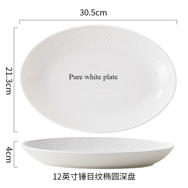 A pure white ceramic plate and a shallow bowl are shown with dimensions 30.5cm, 21.3cm, and 4cm respectively.