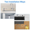Two installation ways for a stainless steel under-sink soap dispenser kit with an extension tube.