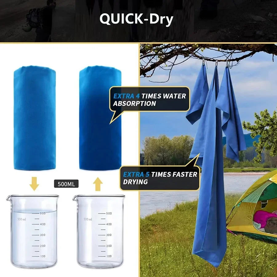 Blue microfiber sports towel demonstrating quick-dry features and water absorption capacity.