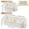 White expandable storage box shown with dimensions before and after expansion.