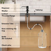 Stainless steel liquid soap dispenser with an extension tube and bottle inside a cabinet