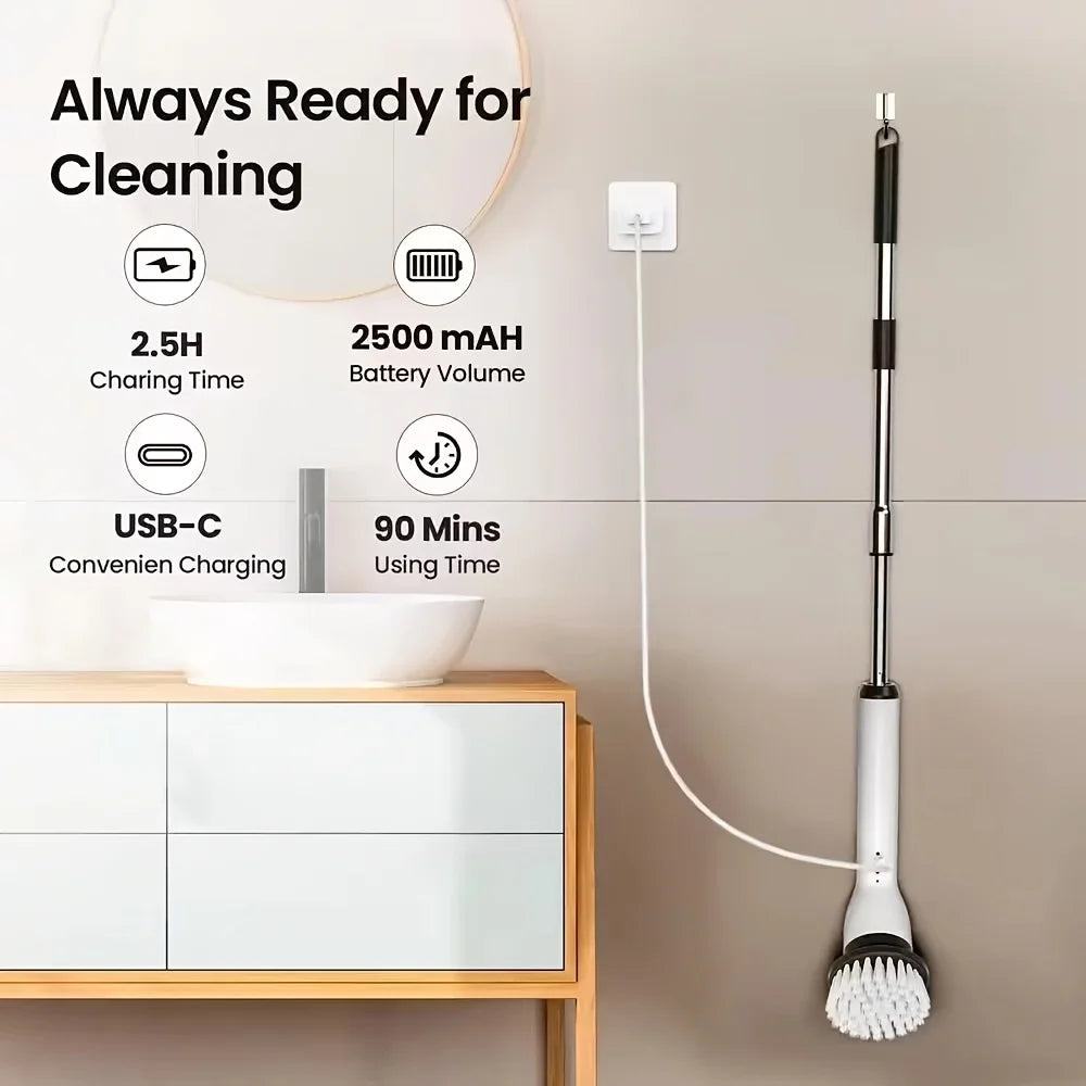 A white cordless cleaning brush set with a long handle and brush head is shown next to a sink and cabinet.