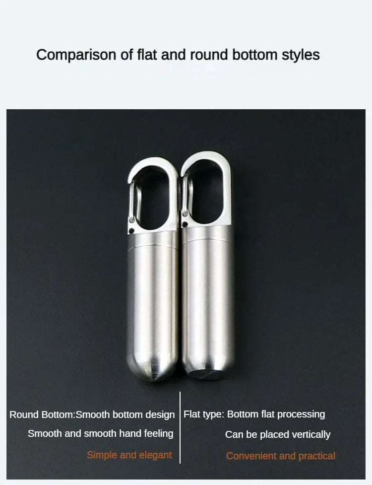 Comparison of flat and round bottom styles of stainless steel travel pill boxes