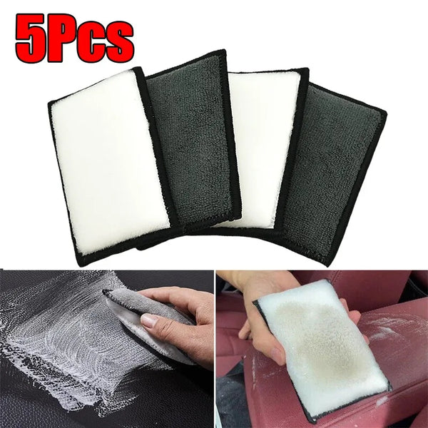 A set of five black and white microfiber scrubbing sponges for car interior cleaning