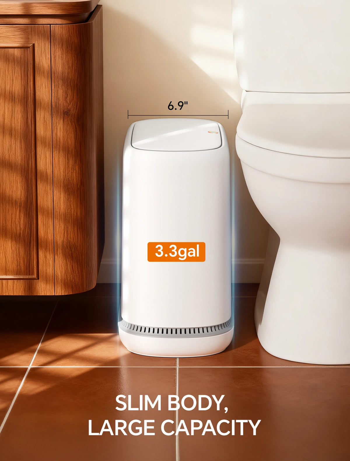 A white slim hands-free trash can with a one-press lid is shown next to a toilet, highlighting its 3.3-gallon capacity.