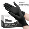 A hand wearing a black disposable nitrile glove is shown next to its packaging box.