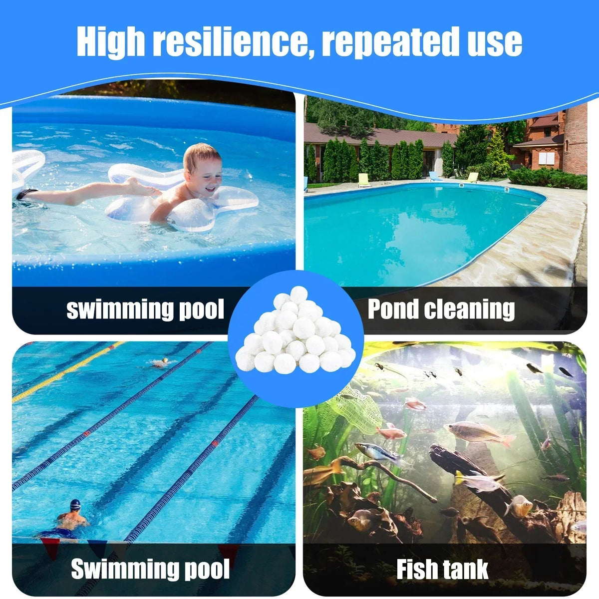 Image showing various uses of pool filter cleaning balls for swimming pools, pond cleaning, and fish tanks.