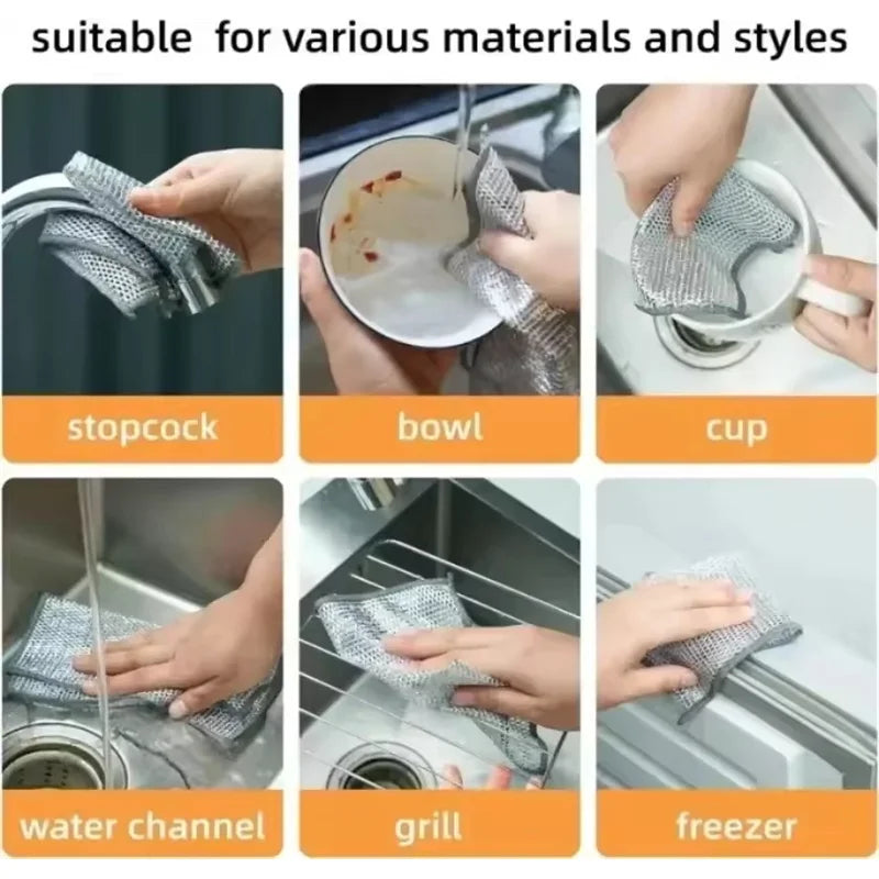 A set of thickened steel wire cleaning cloths shown being used for various cleaning tasks like stopping cocks, bowls, cups, w