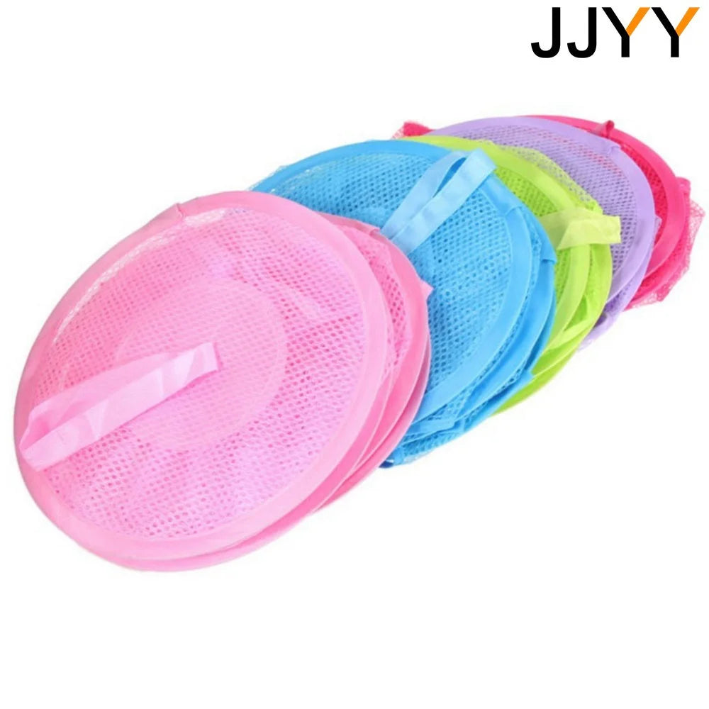 A stack of multi-layer mesh hanging storage organizers in various colors including pink, blue, green, and purple.