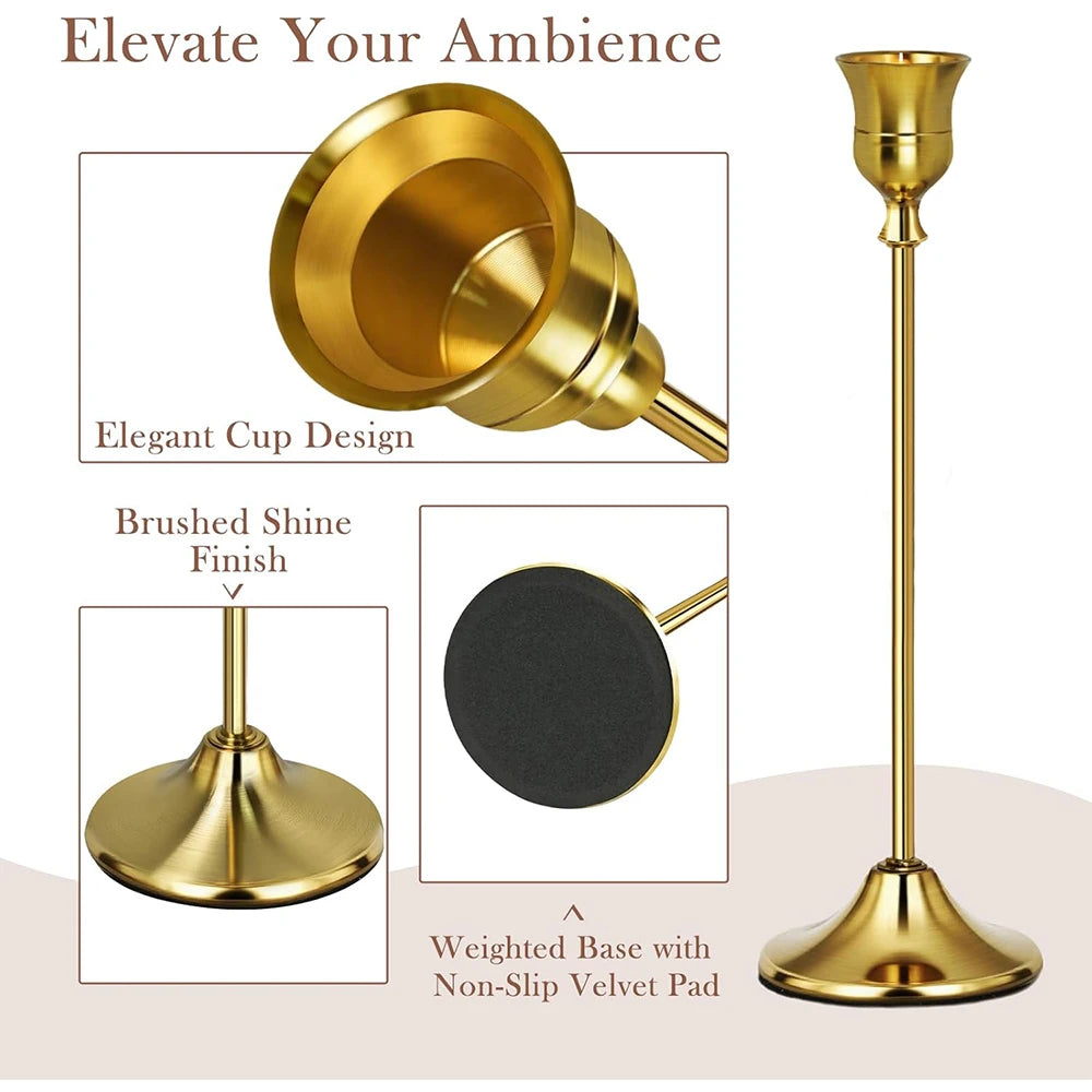 A set of six gold weighted metal taper candlestick holders with elegant cup designs and a brushed shine finish.