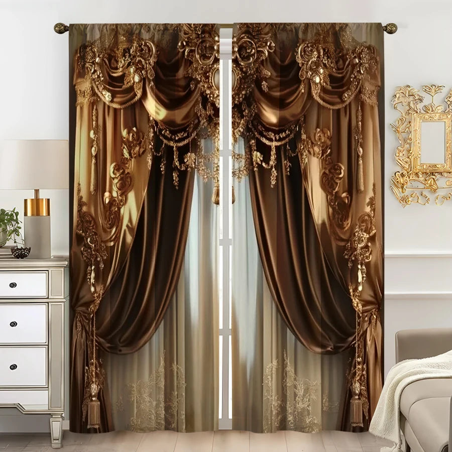 A pair of luxurious brown and gold Baroque print curtains framing a window.