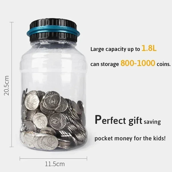 A clear glass jar filled with silver coins, labeled as a digital coin saving jar for gift saving.
