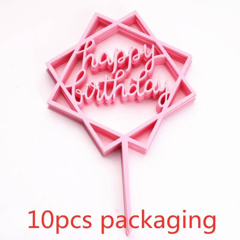 Pink acrylic hexagonal birthday cake topper with the words happy birthday on a stick