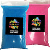 Two bags of vibrant color powder, one blue and one pink, for gender reveals.
