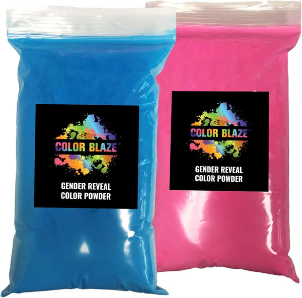 Two bags of vibrant color powder, one blue and one pink, for gender reveals.