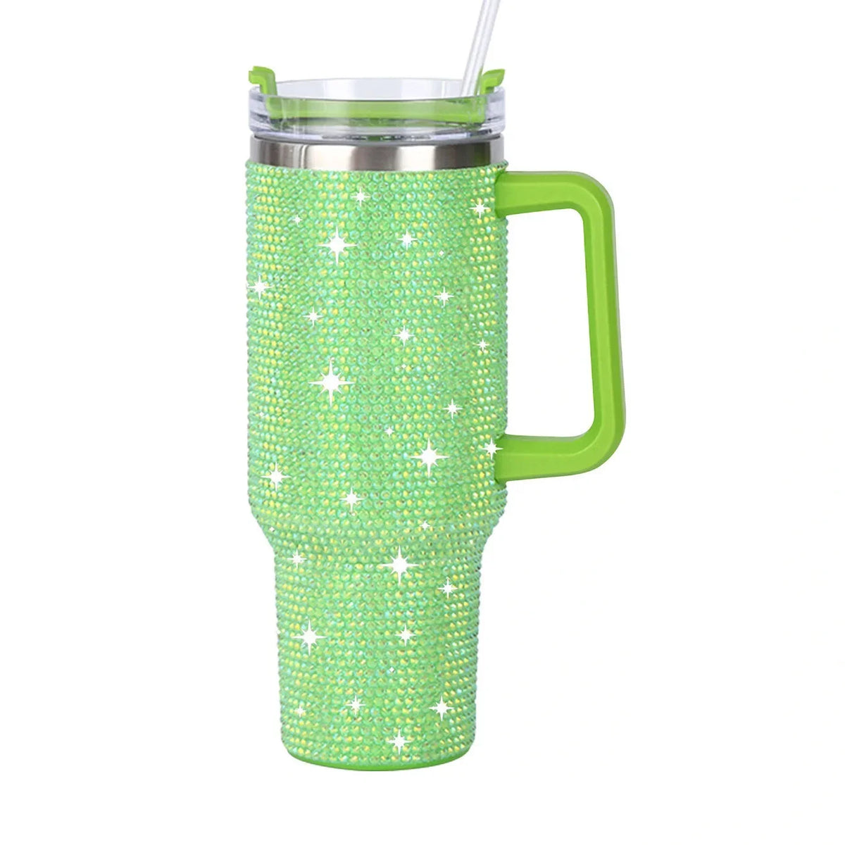 Taza aislada de acero inoxidable con pedrería verde lima brillante y tapa transparente.