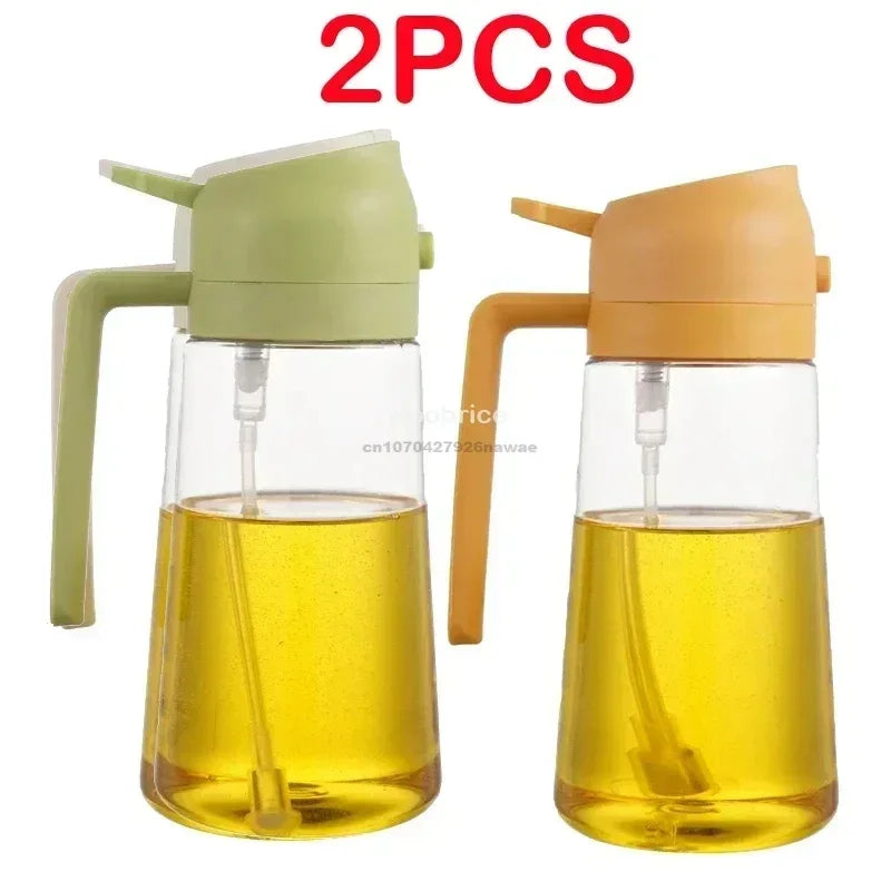 Two light green and orange dual-function oil spray bottles for cooking