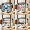 Clear acrylic storage pouches for hair stuff and chargers displayed on a wooden surface.