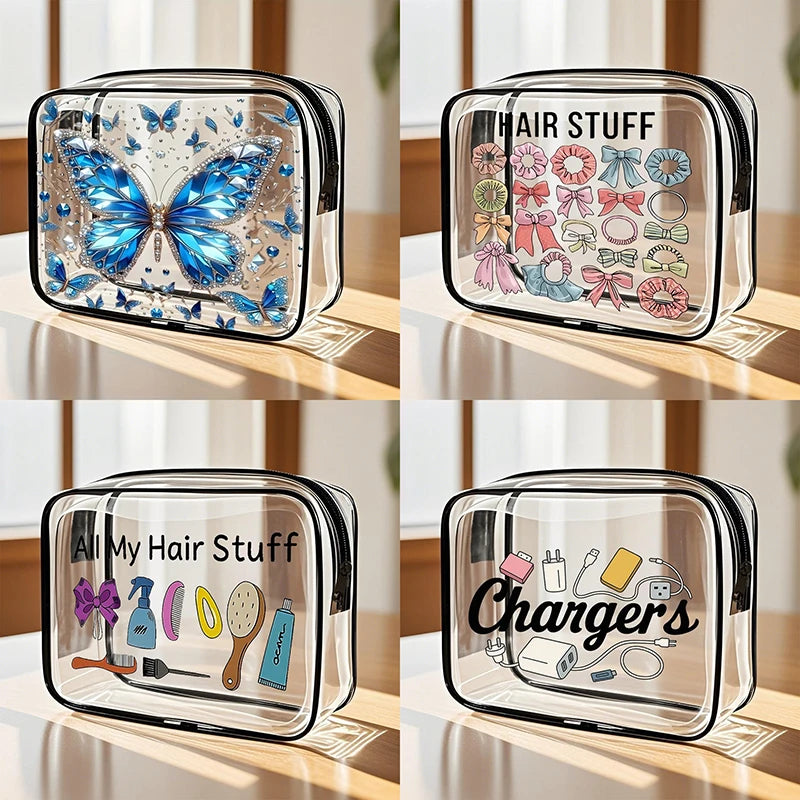 Clear acrylic storage pouches for hair stuff and chargers displayed on a wooden surface.