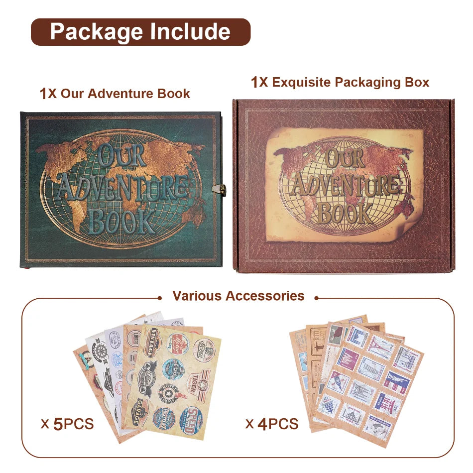 A package including an adventure book, an exquisite packaging box, and various photo accessories.