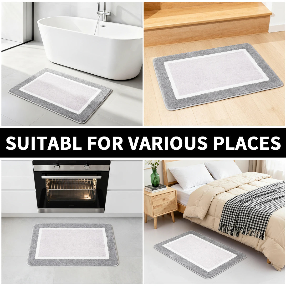 Various sizes of gray and white microfiber non-slip bath mats shown next to a bathtub and an oven.