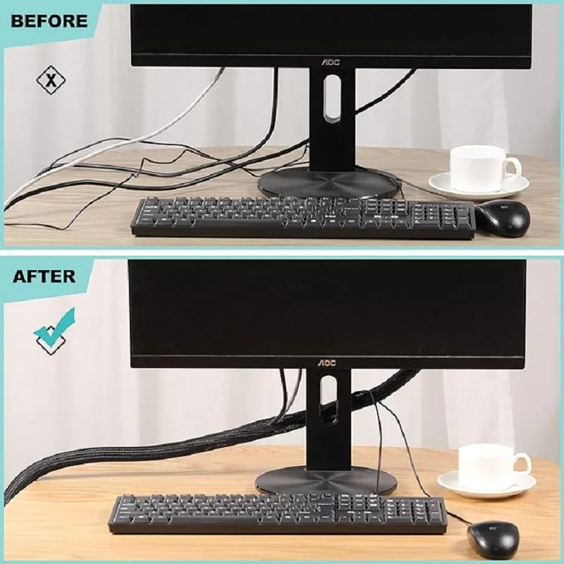 Before and after comparison showing braided cable sleeves protecting a computer setup including monitor, keyboard, and mouse.