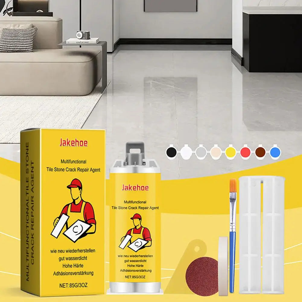 A yellow box and bottle of Jakehoe multifunctional tile stone crack repair agent with a red cap and applicator brush.