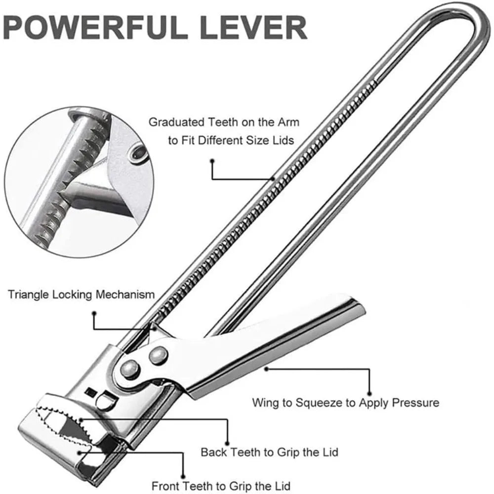 A stainless steel multi-function can opener showing various teeth and a triangle locking mechanism for opening lids.