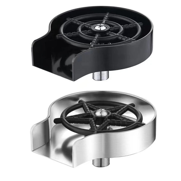 A black high-pressure faucet glass rinser for bars and kitchens with a circular mesh filter.
