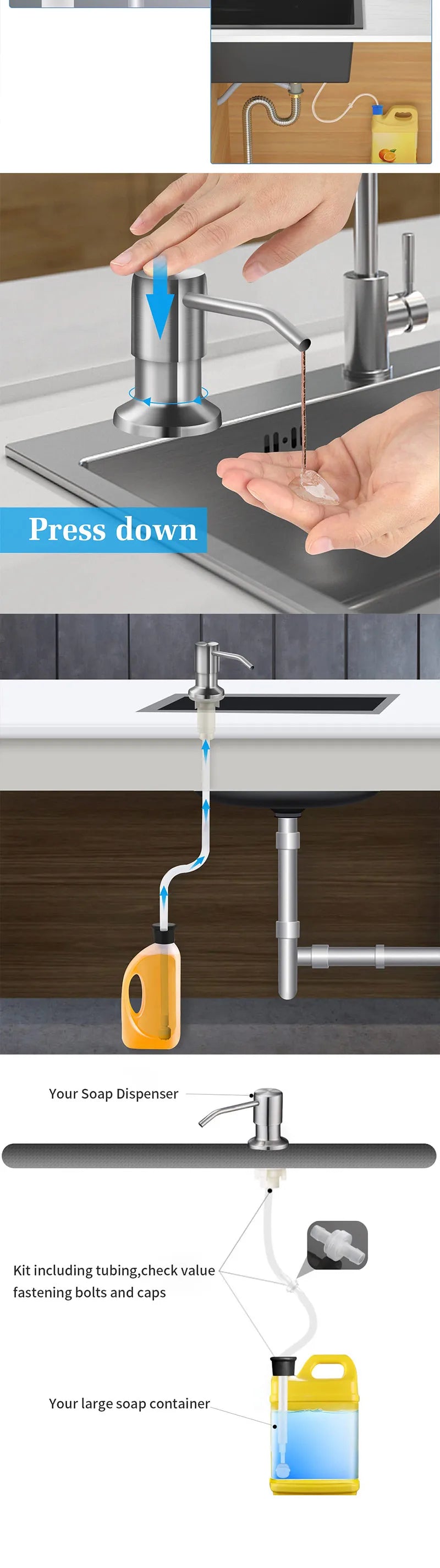 A kit for a stainless steel under-sink soap dispenser featuring an extension tube and a large yellow soap container.
