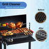 A grill cleaner tool is shown with before and after images demonstrating rust and stain removal on a grill grate.