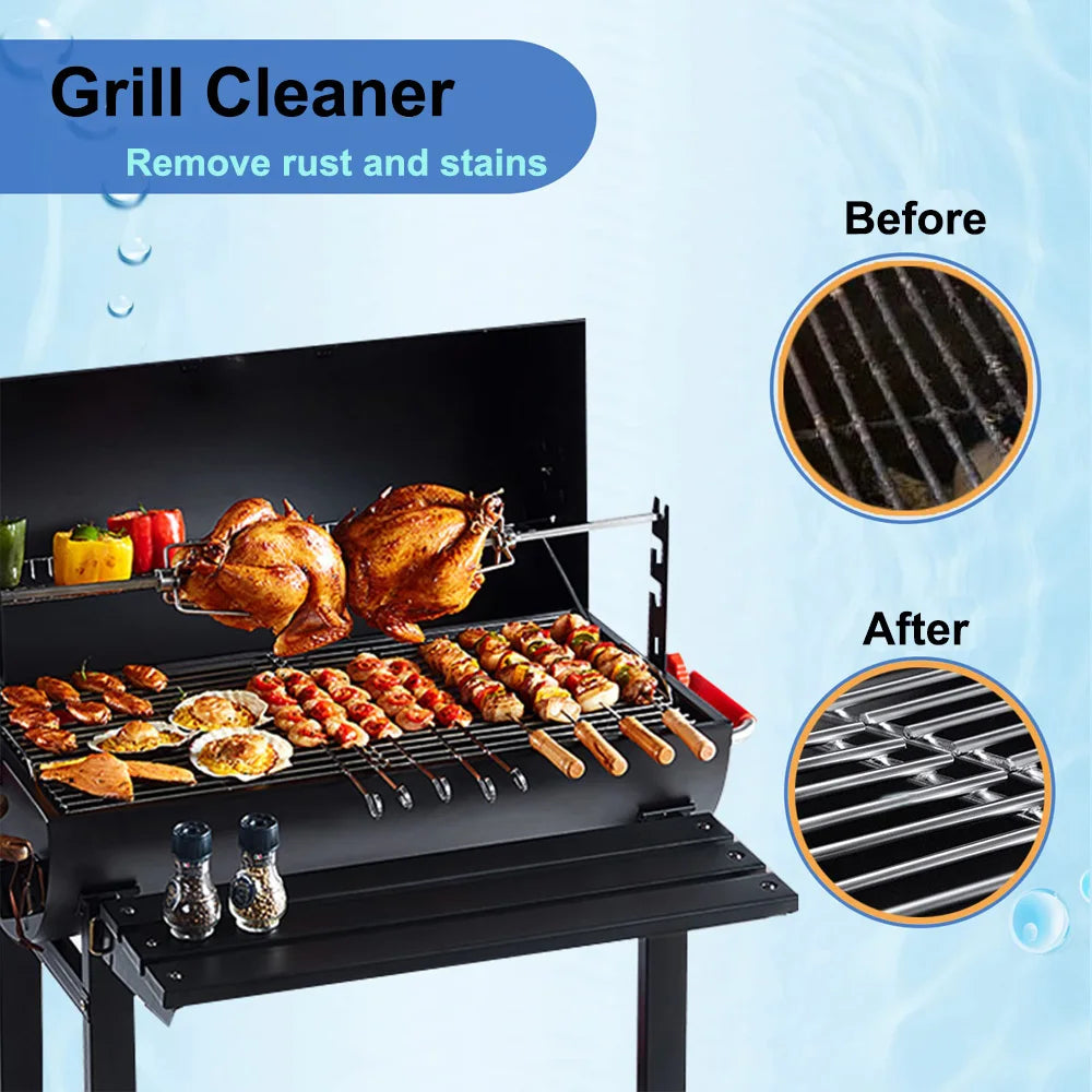 A grill cleaner tool is shown with before and after images demonstrating rust and stain removal on a grill grate.