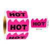 A roll of irregular shaped fluorescent pink product stickers with the word HOT printed on them.