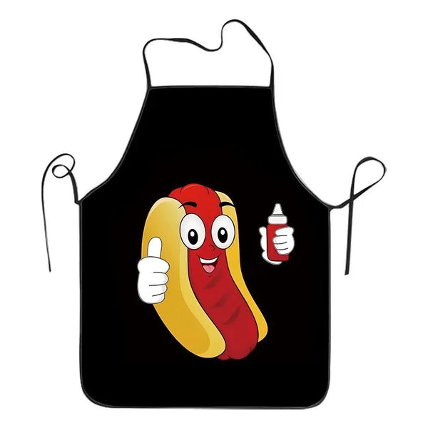 A black apron with a graphic of a hot dog on it.