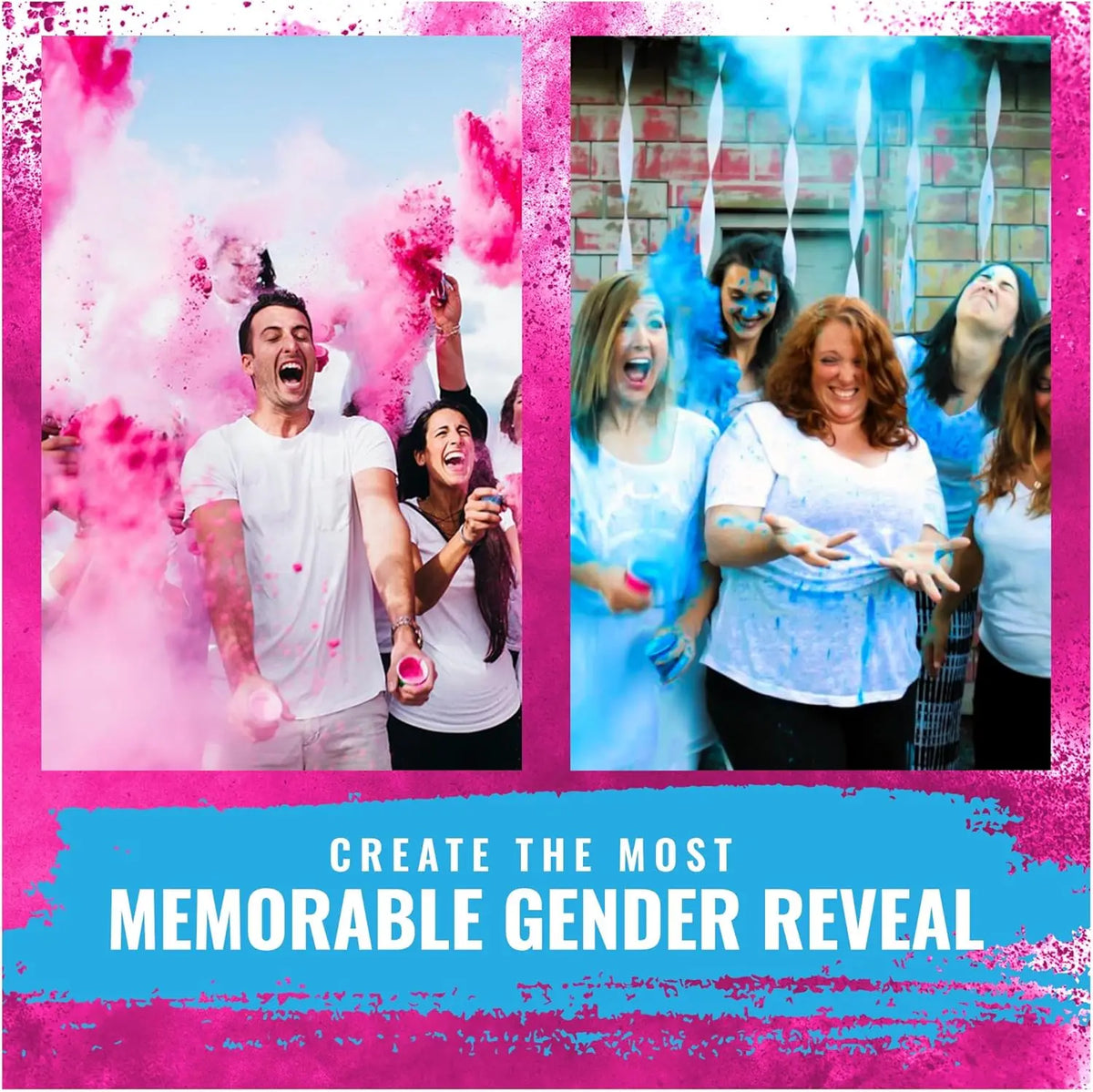 A group of women celebrating with vibrant pink and blue color powder during a gender reveal event.