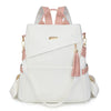 A white women's anti-theft PU leather travel backpack with pink accents and gold hardware.