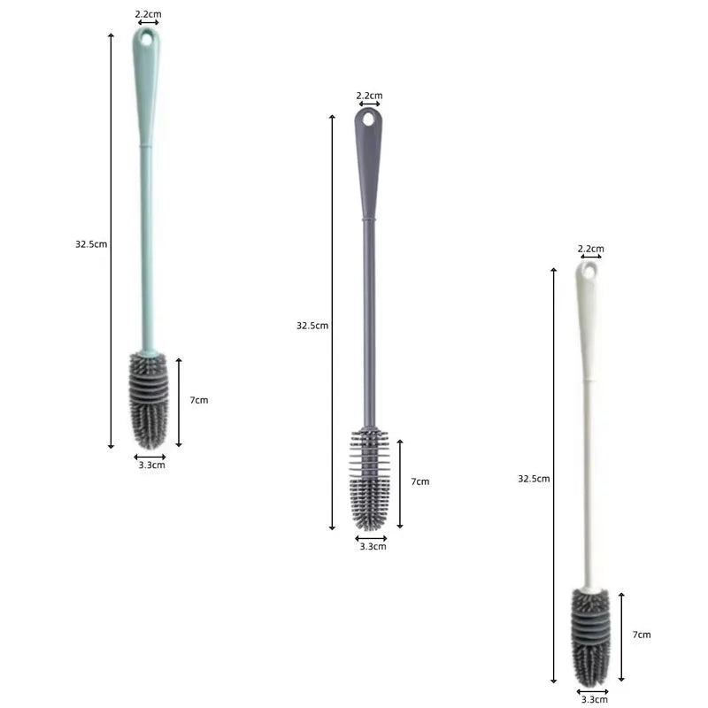 A silicone bottle brush with a long handle shown in various sizes and angles.
