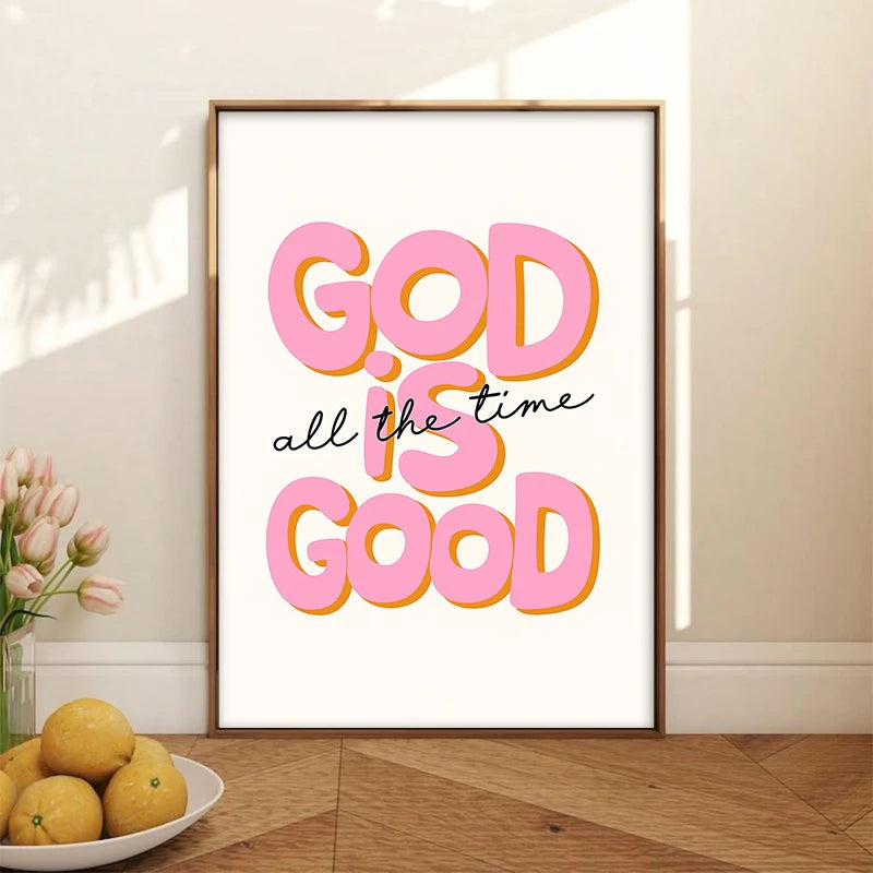 Inspirational quote canvas art featuring the text GOD is good in bright pink and orange lettering.