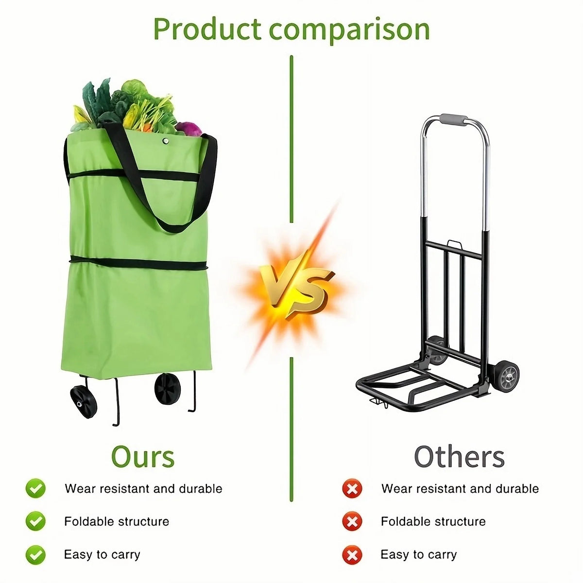 Comparison of a green foldable shopping bag versus a black metal rack for comparison.