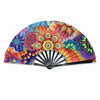 A hand fan with a holographic gradient design featuring vibrant floral patterns in orange, purple, and green.
