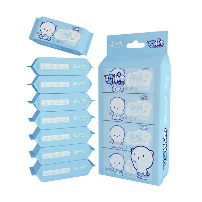 A package of portable mini hand wipes in light blue and white, showing multiple individual wipes.