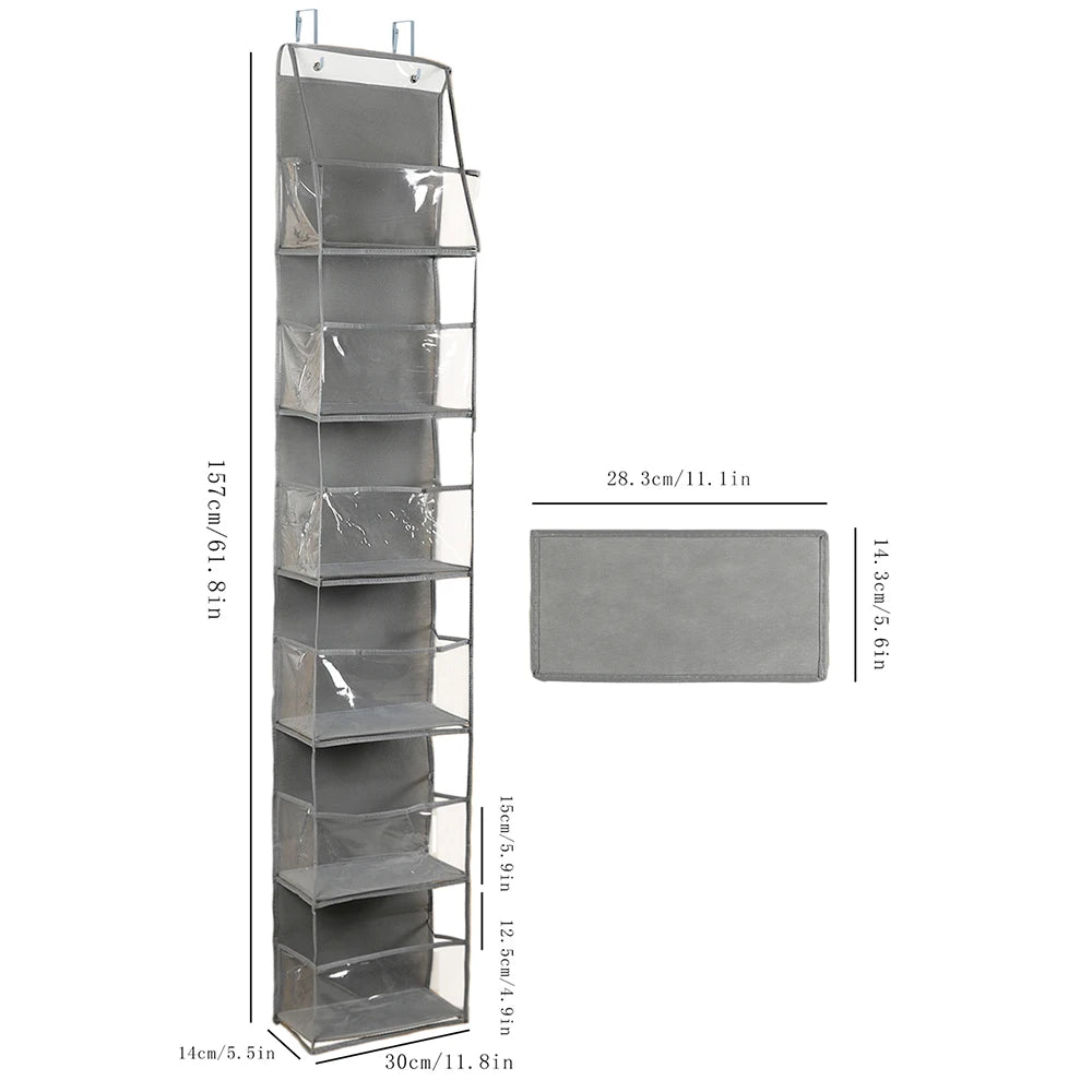 A tall, multi-layer door organizer rack with multiple compartments for storage.