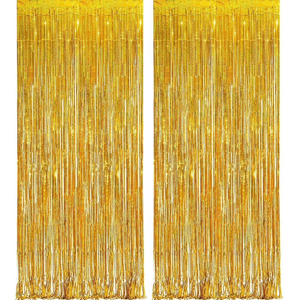 Golden rose gold foil tinsel fringe curtain backdrop set with long, shimmering strands
