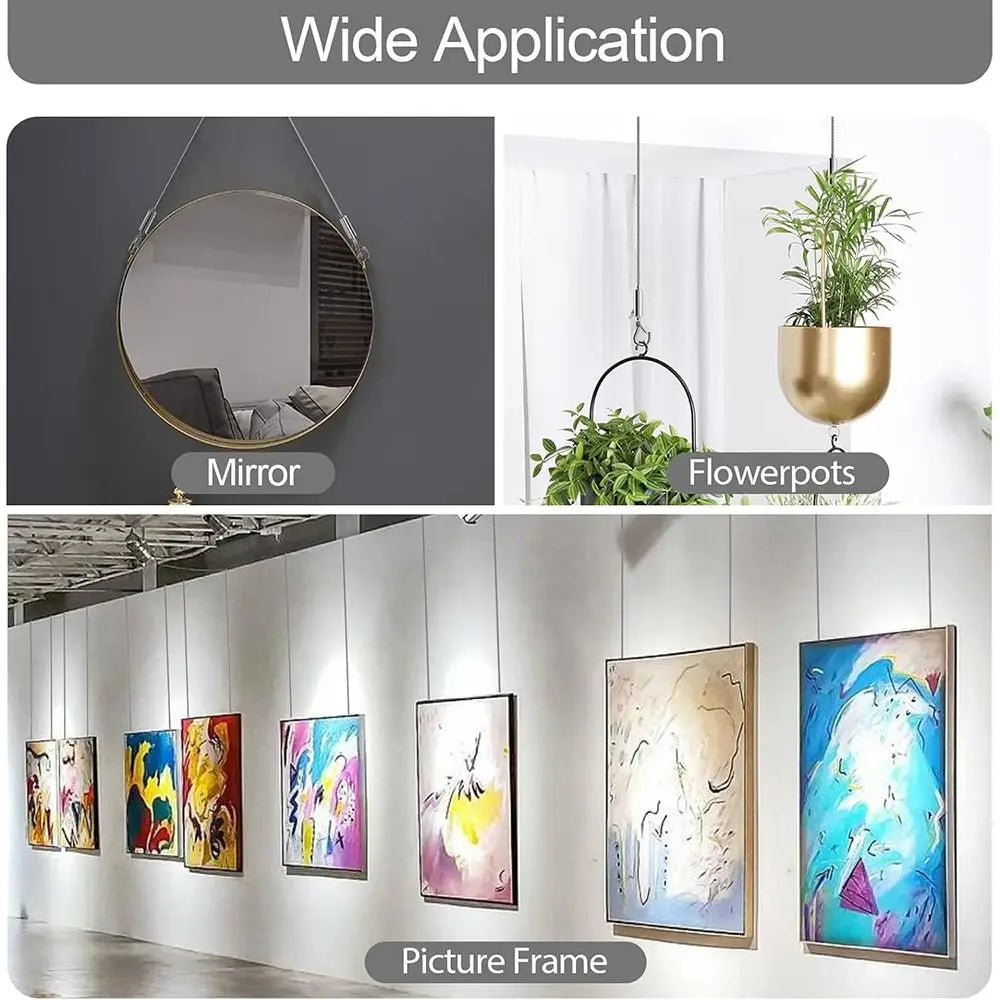 Adjustable stainless steel wire rope hanging kit showing a mirror, flowerpots, and picture frames.