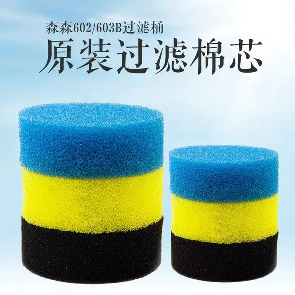 A cylindrical filter media product showing three stacked rings of blue, yellow, and black foam.