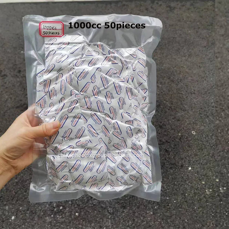 A clear plastic bag contains 50 pieces of food-grade oxygen absorbers for extended dry food storage.