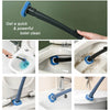 A long-handled disposable toilet brush with a blue handle and cleaning bristles is shown in various angles.