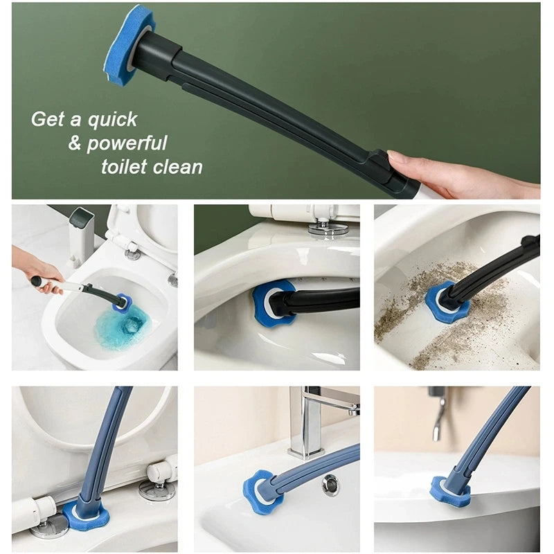 A long-handled disposable toilet brush with a blue handle and cleaning bristles is shown in various angles.
