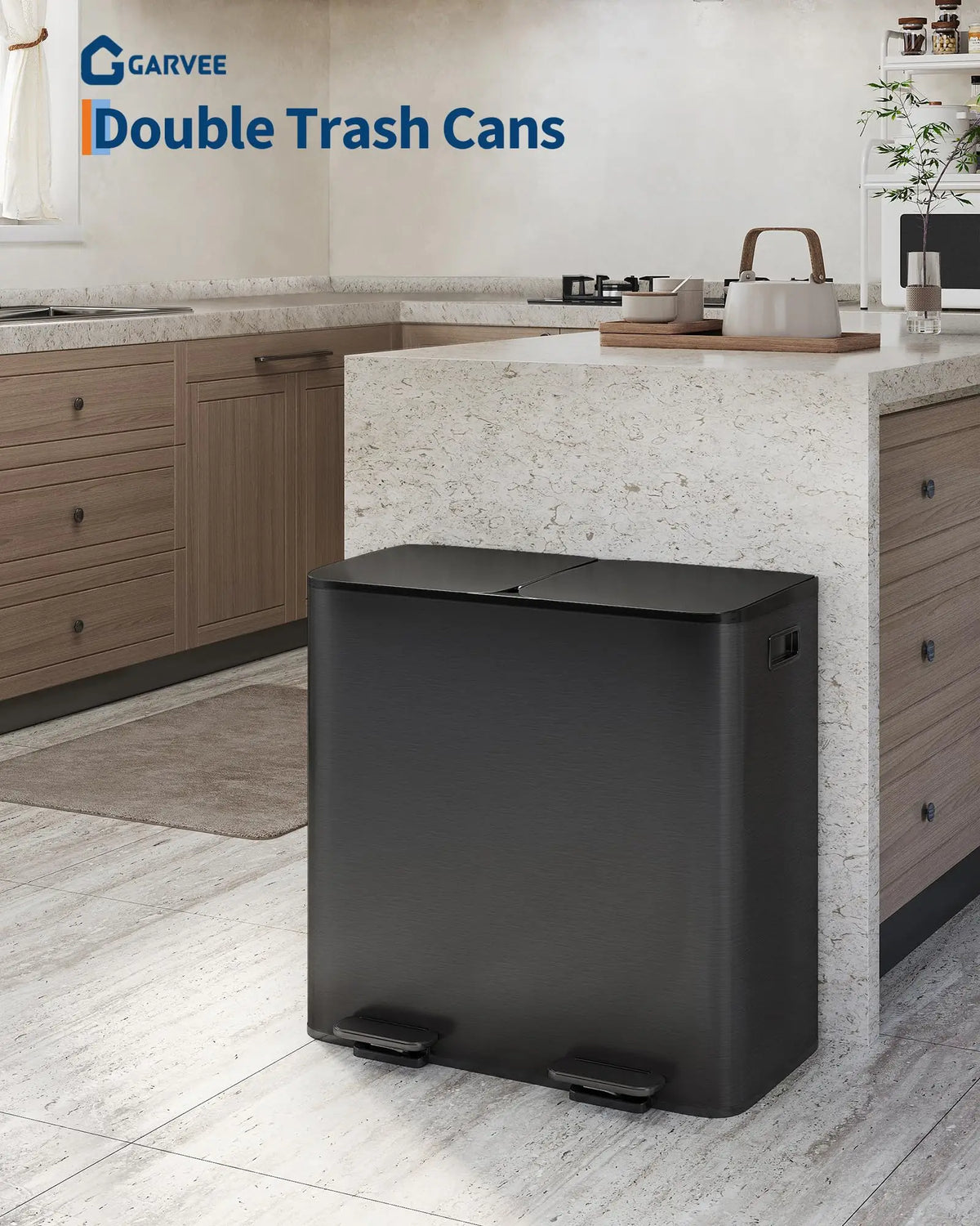A modern, matte black double trash can is placed on a kitchen counter next to wooden cabinetry.